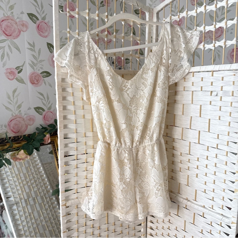 Cream Lace Flutter Sleeve Romper